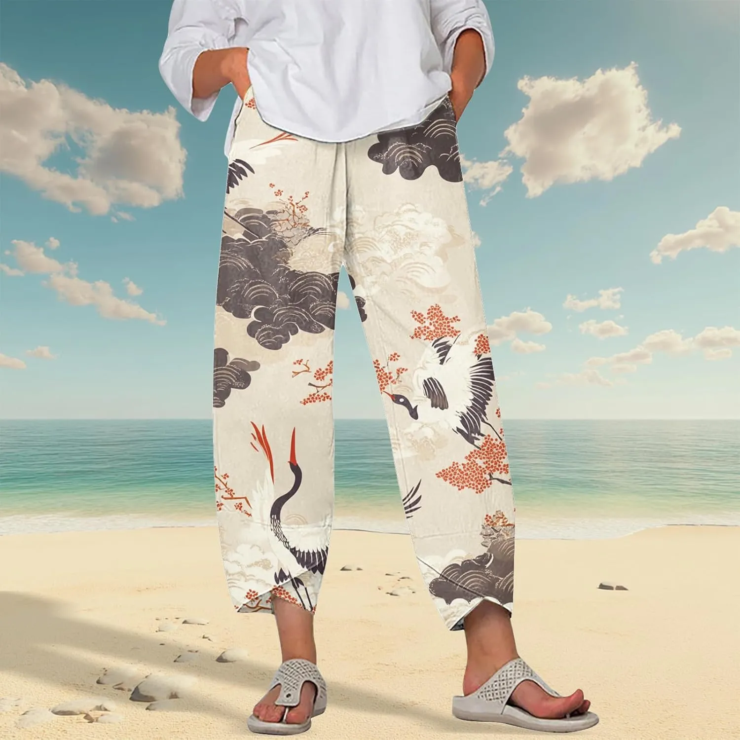 LOAIHA Japanese Pants Cotton Pants Women Wide Leg Elastic Waist Capri Pants Casual Y2k Pants Cropped Trousers with Pockets