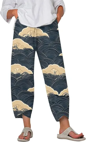 LOAIHA Japanese Pants Cotton Pants Women Wide Leg Elastic Waist Capri Pants Casual Y2k Pants Cropped Trousers with Pockets