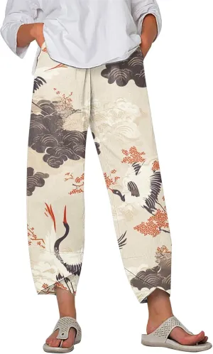 LOAIHA Japanese Pants Cotton Pants Women Wide Leg Elastic Waist Capri Pants Casual Y2k Pants Cropped Trousers with Pockets