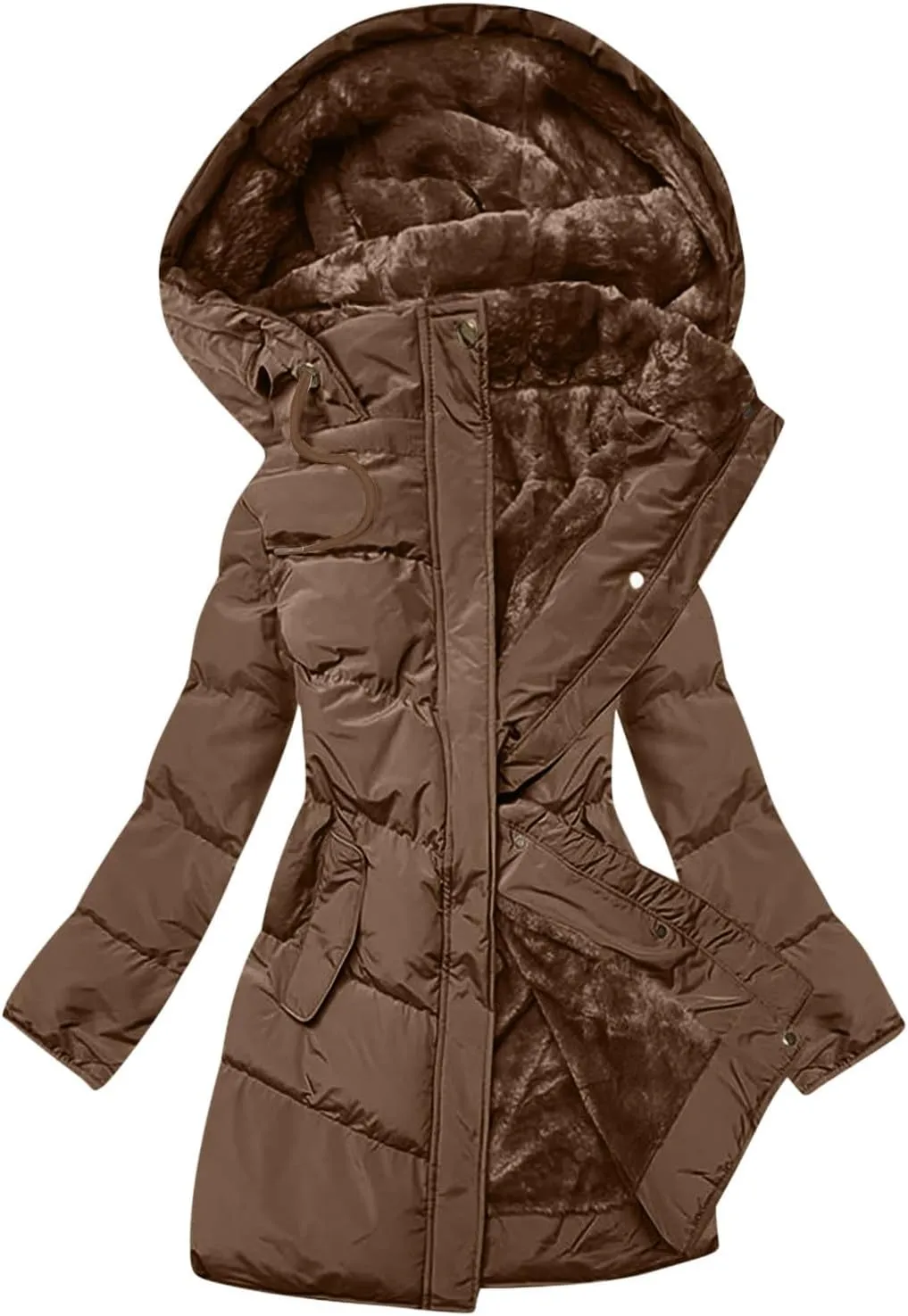 Long Coats for Women Button Down Fleece Lined Puffer Jackets Thicken Warm Fur Hooded Solid Parka Outerwear with Pockets