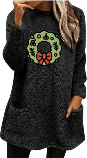 Long Fleece Sweatshirt for Women Fashion Graphic Sweater Tops Sherpa Linend Pullover with Pockets Long Sleeve Tunic