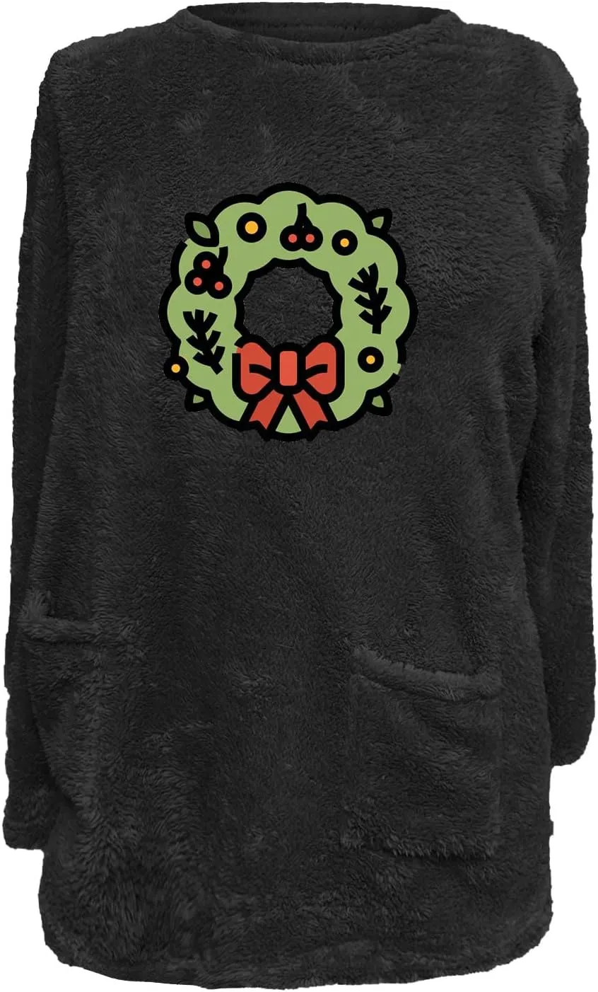 Long Fleece Sweatshirt for Women Fashion Graphic Sweater Tops Sherpa Linend Pullover with Pockets Long Sleeve Tunic
