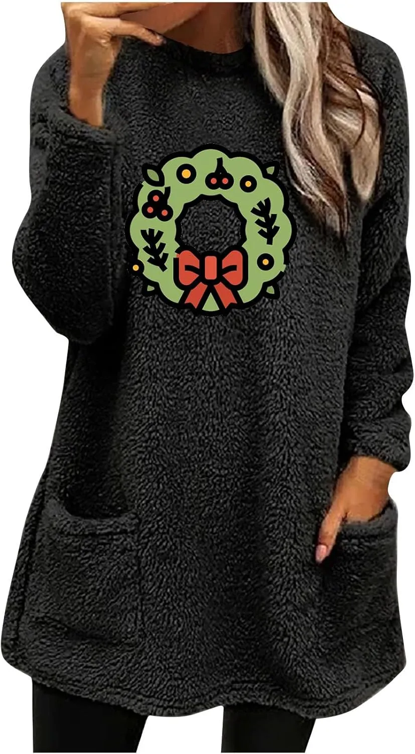 Long Fleece Sweatshirt for Women Fashion Graphic Sweater Tops Sherpa Linend Pullover with Pockets Long Sleeve Tunic