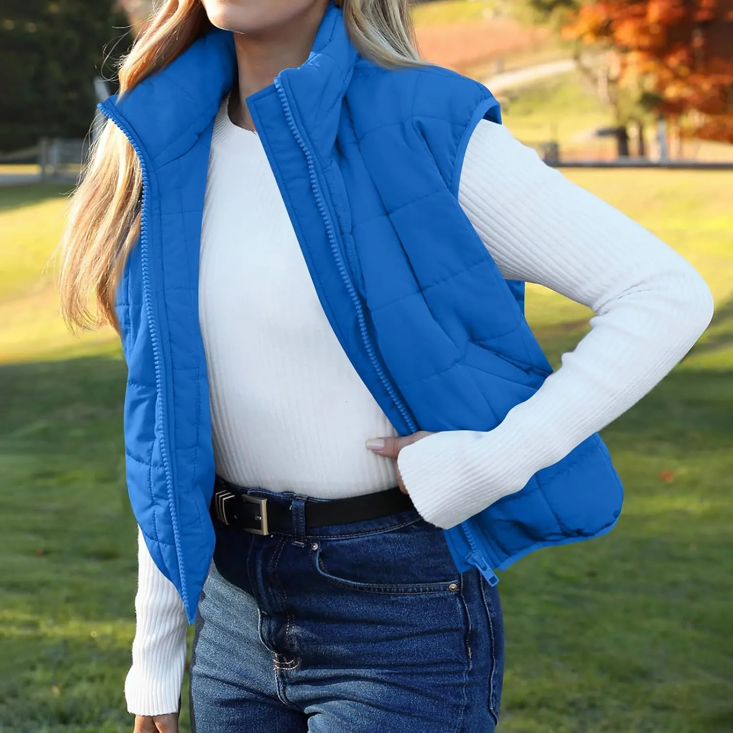 Long Fleece Vests For Women 2024 Trendy Puffer Zip Up Sleeveless Hoodie Jacket Quilted Vest Padded Coat Outerwear