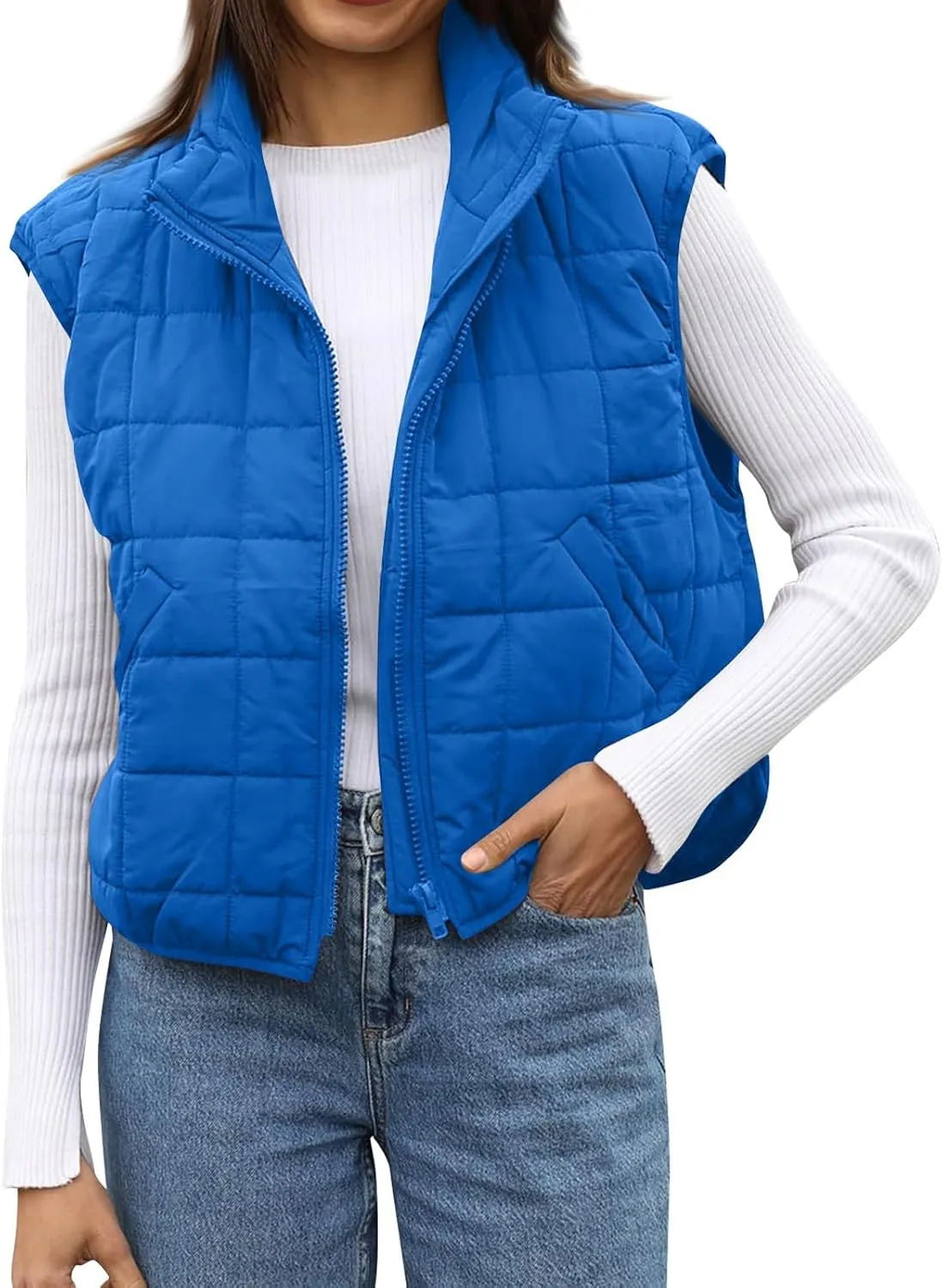 Long Fleece Vests For Women 2024 Trendy Puffer Zip Up Sleeveless Hoodie Jacket Quilted Vest Padded Coat Outerwear