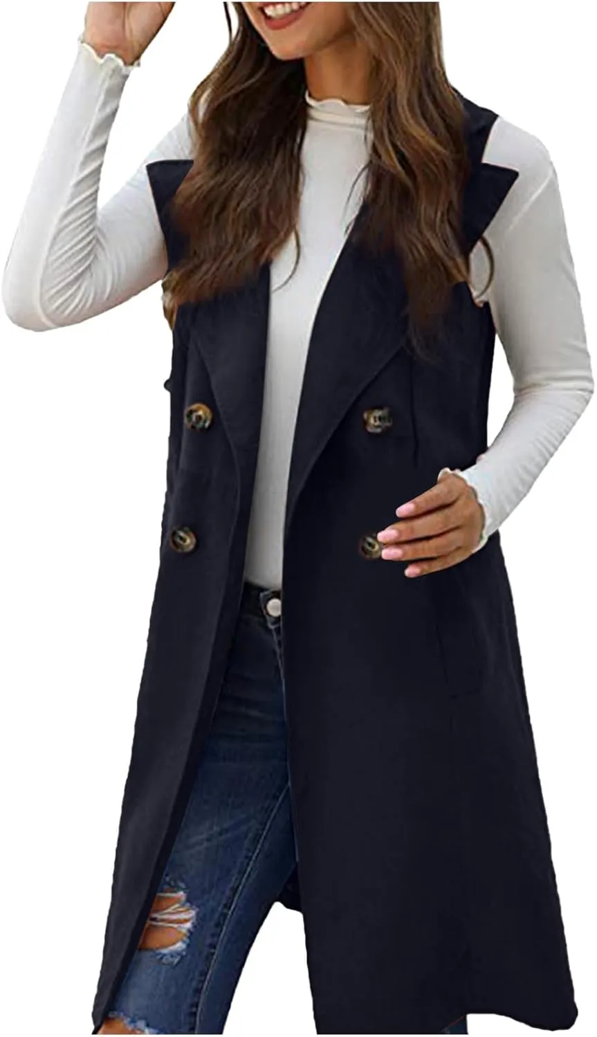 Long Trench Coats for Women Winter Jacket Vests Wool Blend Peacoat Double Breasted Vest Trendy Coats