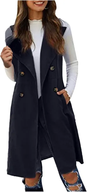 Long Trench Coats for Women Winter Jacket Vests Wool Blend Peacoat Double Breasted Vest Trendy Coats
