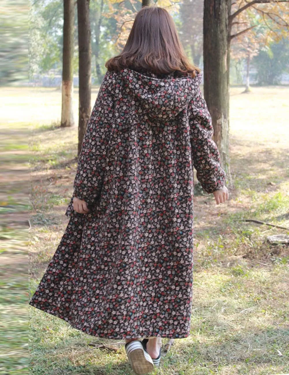 LZJN Women Winter Long Overcoat Floral Printed Trench Coat Windbreaker Vintage Chinese Fleece Lined Warm Hooded Jacket
