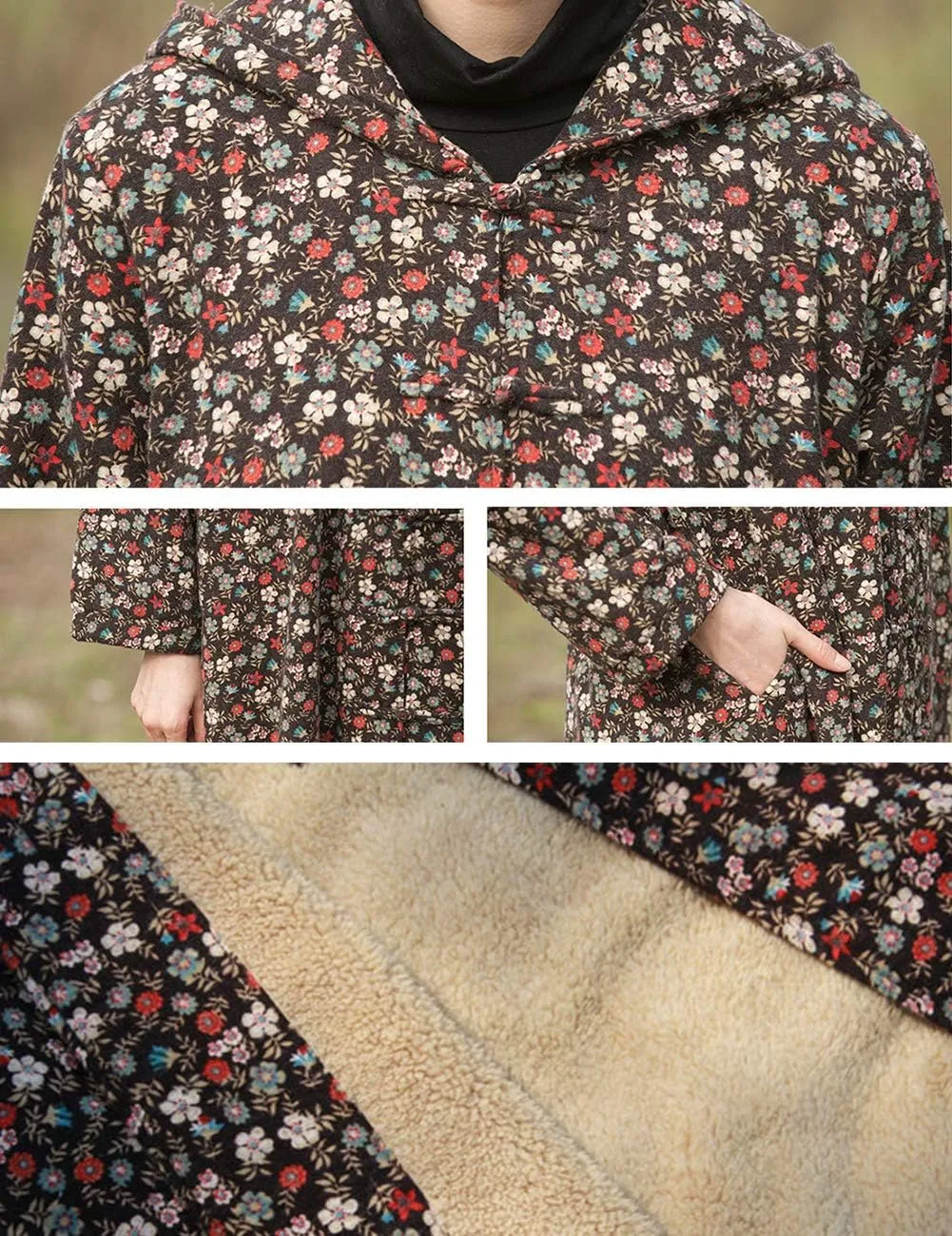 LZJN Women Winter Long Overcoat Floral Printed Trench Coat Windbreaker Vintage Chinese Fleece Lined Warm Hooded Jacket