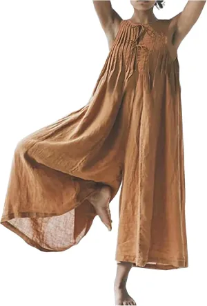 maisdgop Rompers for Women Linen Button down Long Sleeve Wide Leg Jumpsuit Beach Palazzo Pants Casual One Piece Jumpsuits