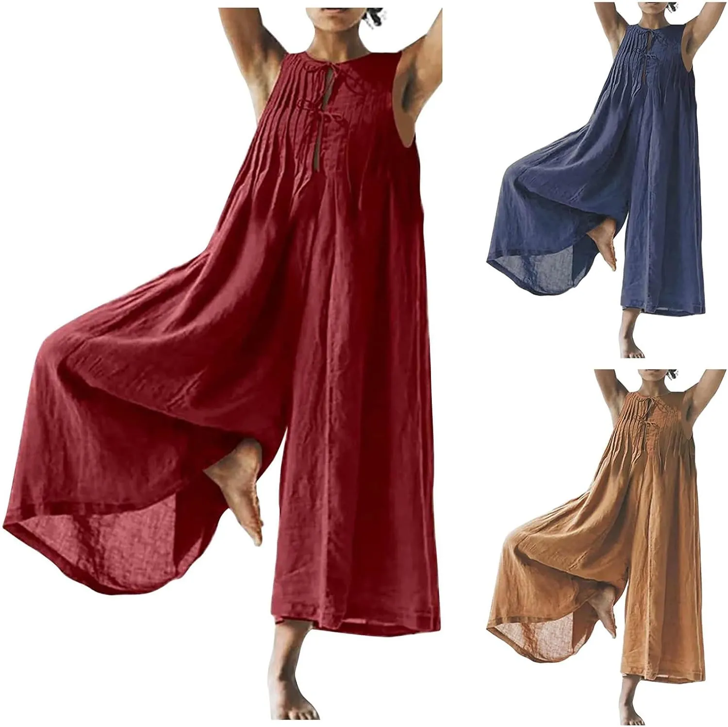 maisdgop Rompers for Women Linen Button down Long Sleeve Wide Leg Jumpsuit Beach Palazzo Pants Casual One Piece Jumpsuits