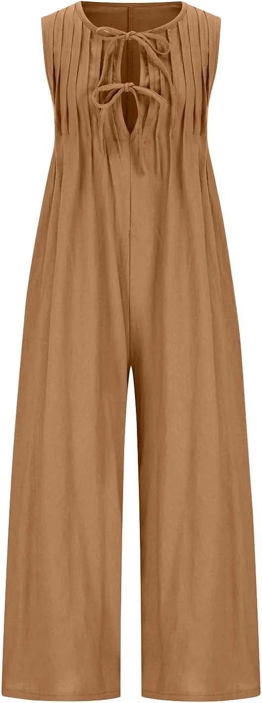 maisdgop Rompers for Women Linen Button down Long Sleeve Wide Leg Jumpsuit Beach Palazzo Pants Casual One Piece Jumpsuits