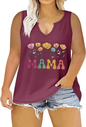 Mama Womens Tank Tops Plus Size Casual 2025 Summer Floral Printed V Neck Sleeveless T-Shirts Loose Tunic Blouses
