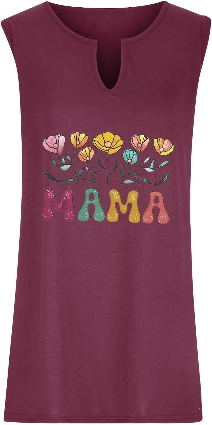 Mama Womens Tank Tops Plus Size Casual 2025 Summer Floral Printed V Neck Sleeveless T-Shirts Loose Tunic Blouses