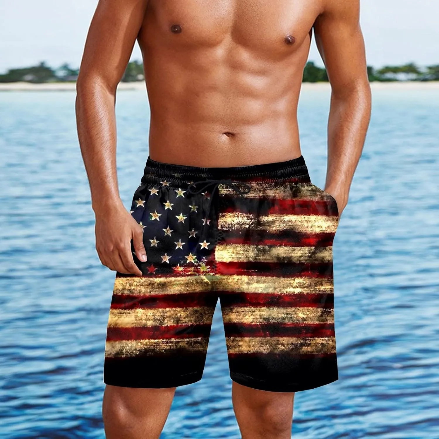 Mens American Flag Swim Trunks Quick Dry Lounge Breathable Swimsuit Dissolving Beach Red White Blue Swimwear