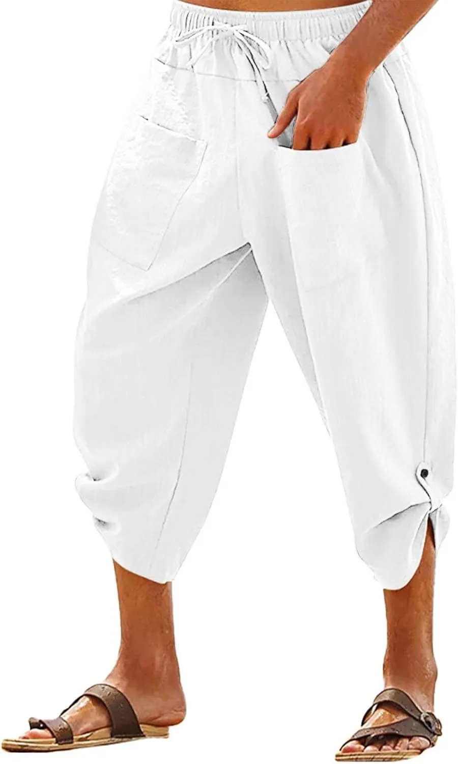 Mens Big and Tall Linen Harem Capri Pants Lightweight Loose Fit 3/4 Short Drawstring Elastic Waist Baggy Yoga Trouser