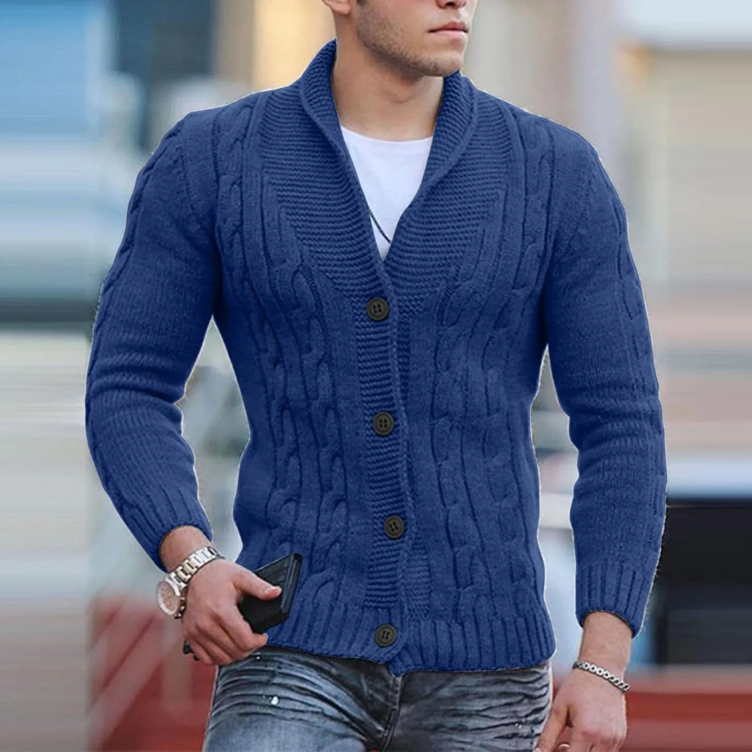 Mens Cable Knit Cardigan Sweater Shawl Loose Fit Long Sleeve Casual Cardigans Jacket Long for Men