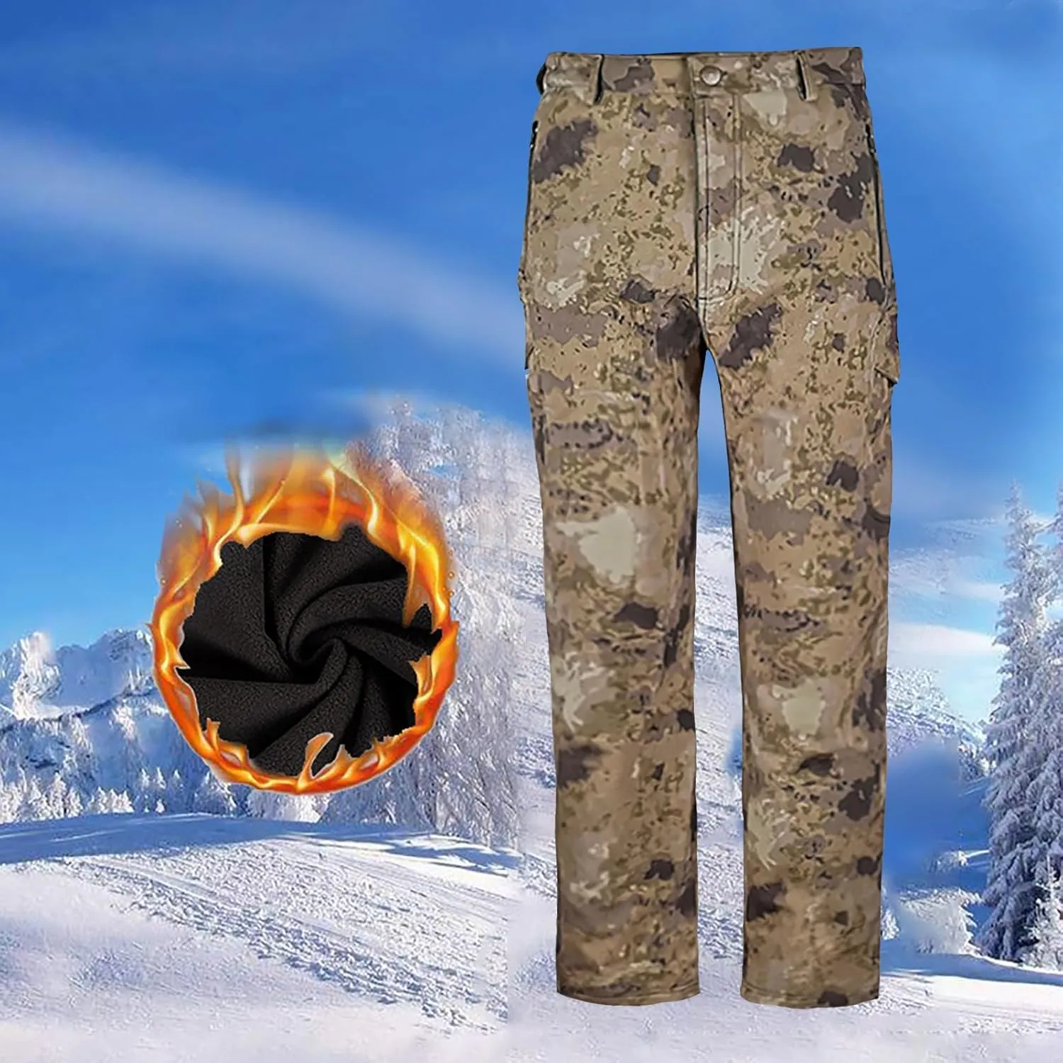 Mens Camo Pants Flexcamo - Tactical Waterproof Cargo Pants Fleece Lined Military Work Pants Warm Winter Hiking Pants