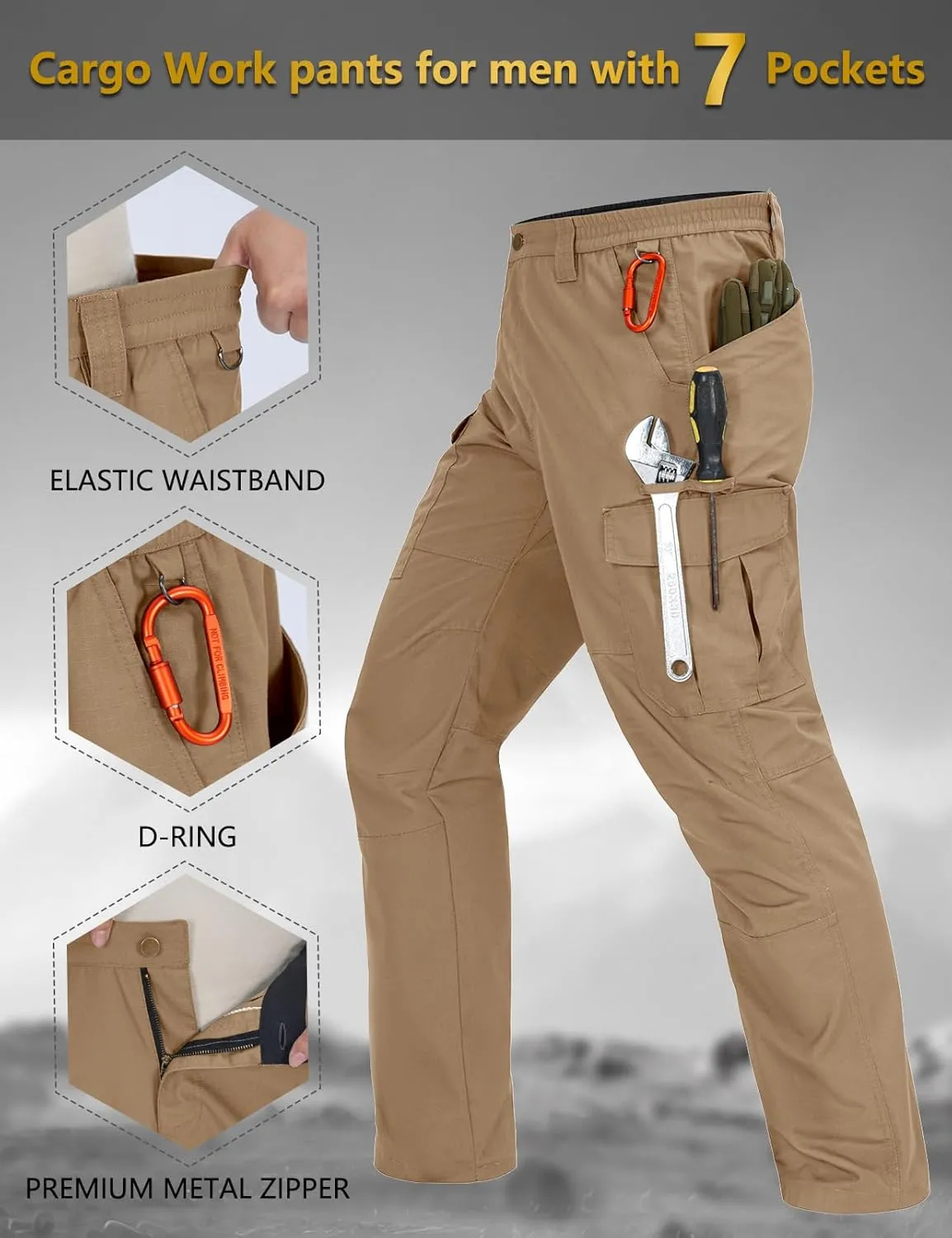 Mens Cargo Pants Waterproof Hiking Pants for Men Ripstop Tactical Pants Multi Work Pants with 7 Pockets