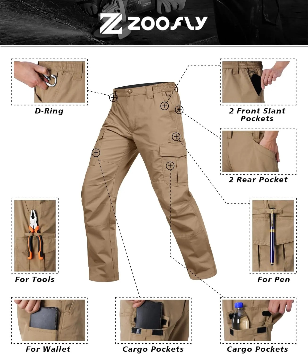 Mens Cargo Pants Waterproof Hiking Pants for Men Ripstop Tactical Pants Multi Work Pants with 7 Pockets