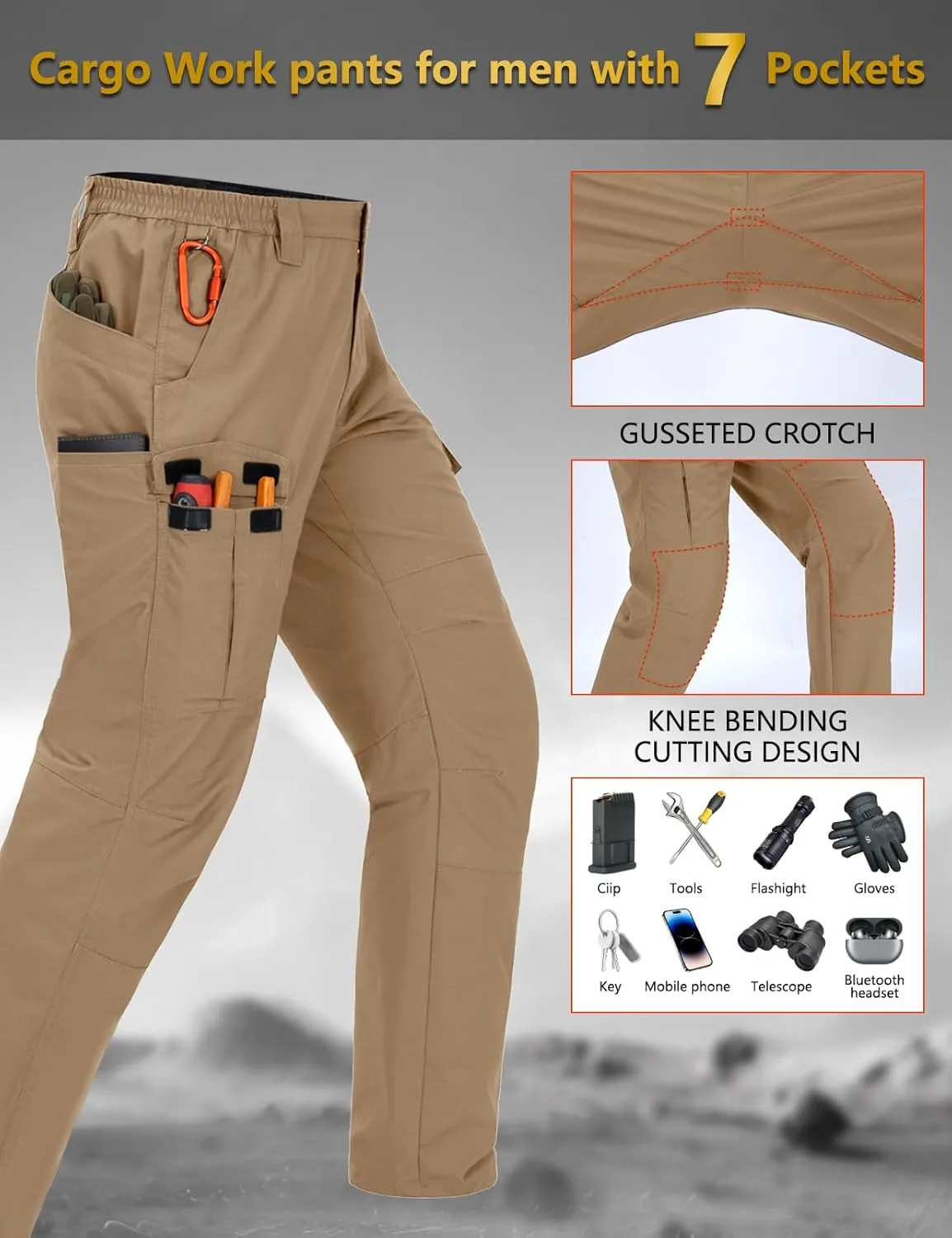 Mens Cargo Pants Waterproof Hiking Pants for Men Ripstop Tactical Pants Multi Work Pants with 7 Pockets