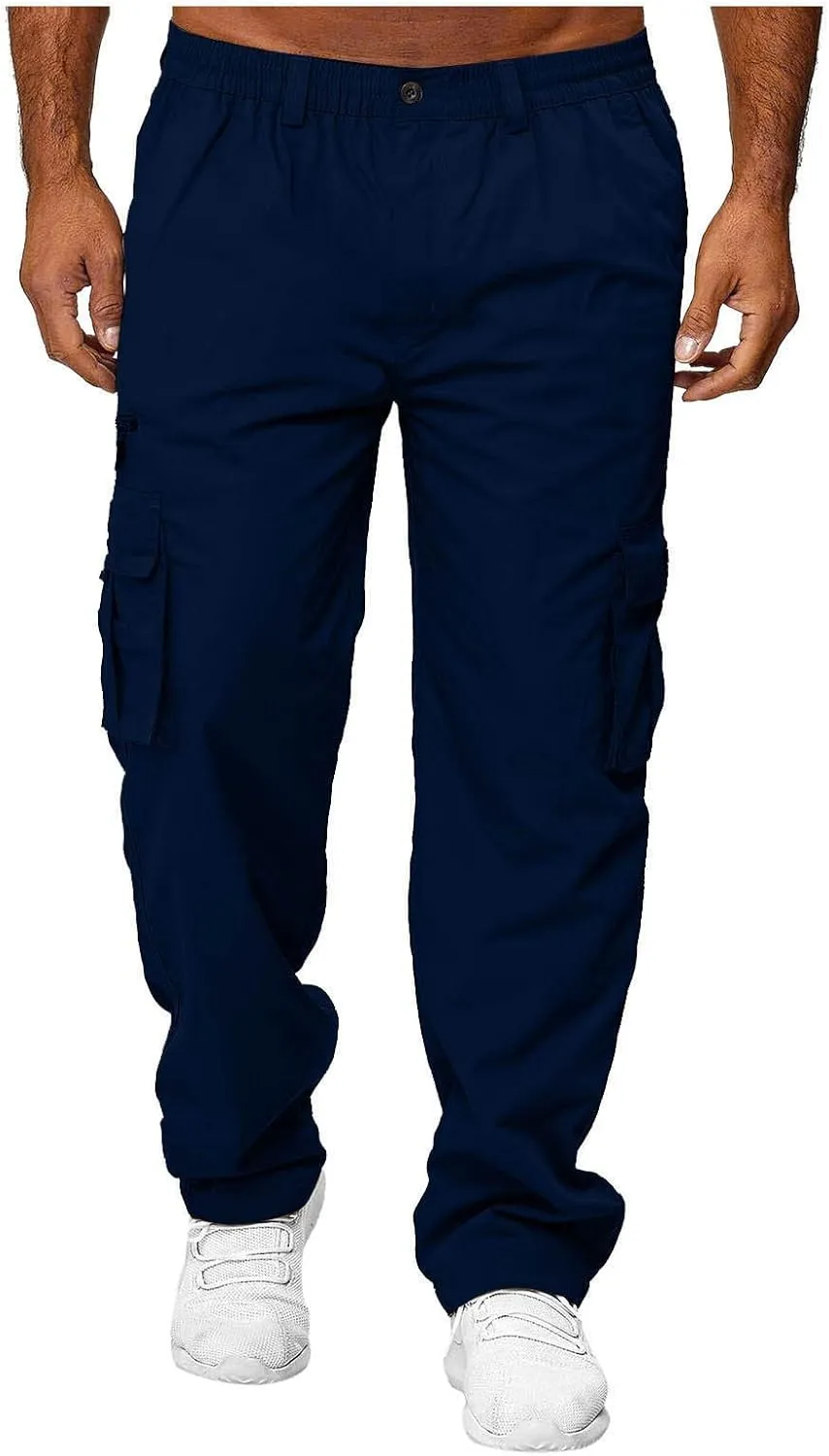 Mens Cargo Trousers,Elastic Waistband Straight Leg Pants Casual Midweight Slacks Basic Low Rise Bottoms for Men