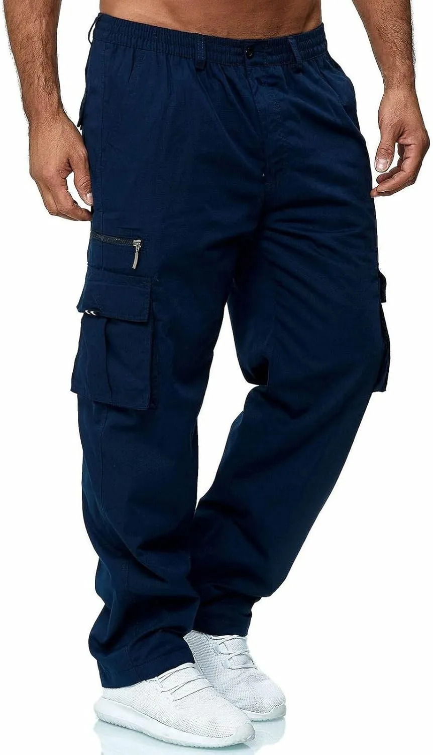 Mens Cargo Trousers,Elastic Waistband Straight Leg Pants Casual Midweight Slacks Basic Low Rise Bottoms for Men