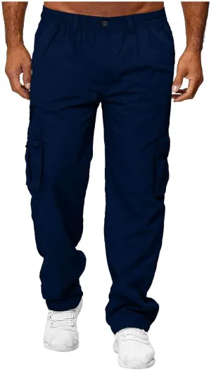 Mens Cargo Trousers,Elastic Waistband Straight Leg Pants Casual Midweight Slacks Basic Low Rise Bottoms for Men
