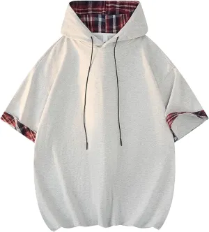 Mens Causal Hooded Tee Shirts Short Sleeve Drawstrings Plus Size Loose Shirt Solid Color Patchwork Dressy Tops