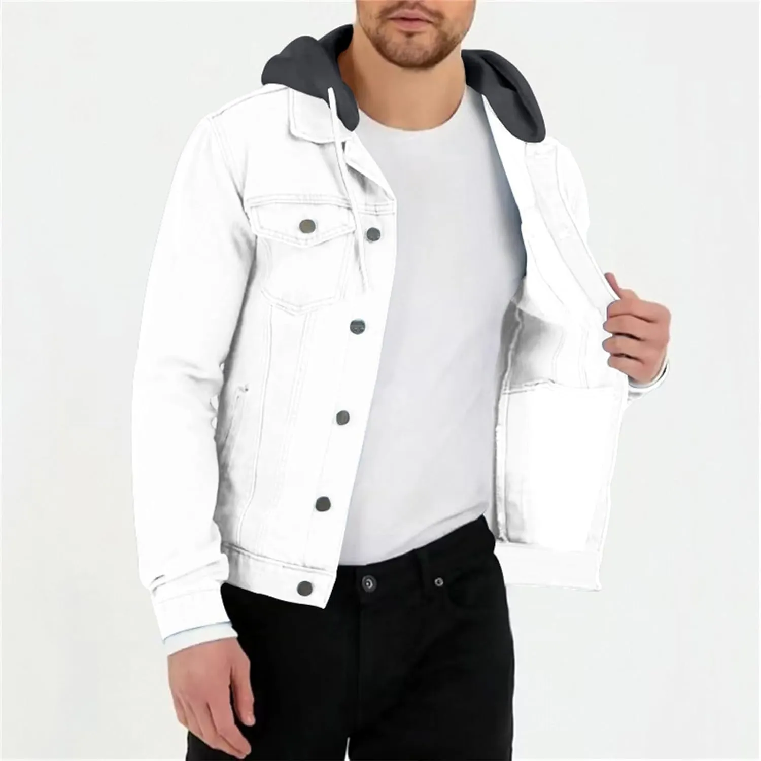 Mens Denim Classic Jacket Slim Fit Casual Trucker Jacket Long Sleeve Drawstring Hooded Coat with Button Flip Pockets
