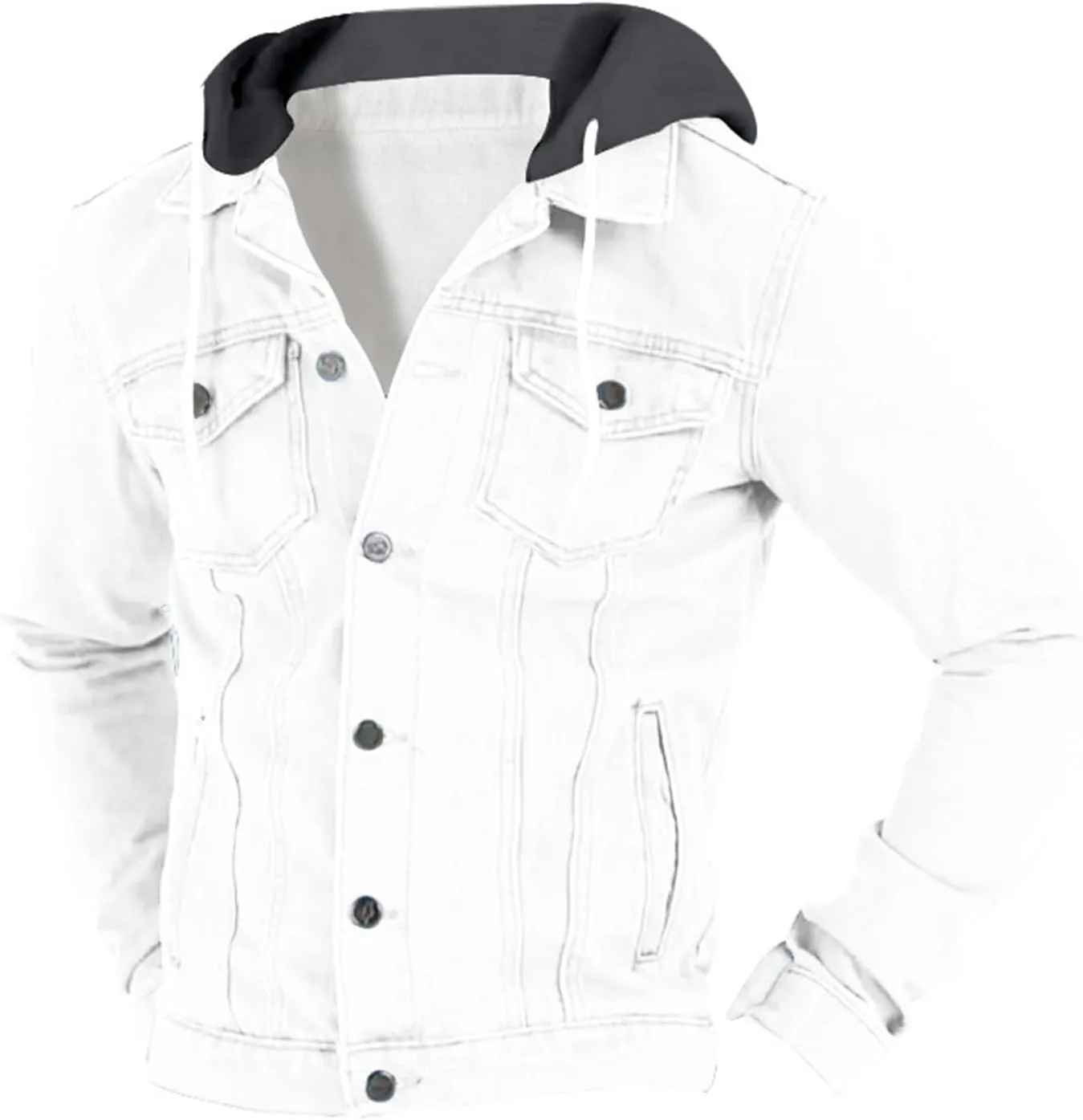 Mens Denim Classic Jacket Slim Fit Casual Trucker Jacket Long Sleeve Drawstring Hooded Coat with Button Flip Pockets
