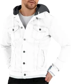 Mens Denim Classic Jacket Slim Fit Casual Trucker Jacket Long Sleeve Drawstring Hooded Coat with Button Flip Pockets