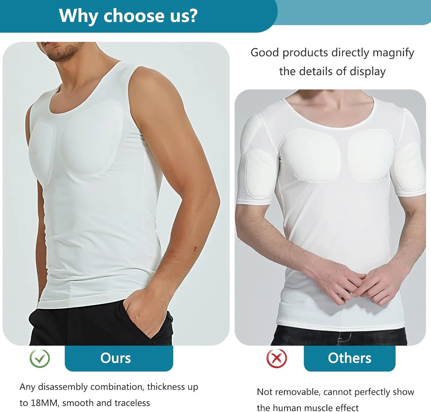 Men's Fake Muscle T-Shirt, Enhancers Strong Shoulder Pads Underwear, for Weddings Parties Daily Wear
