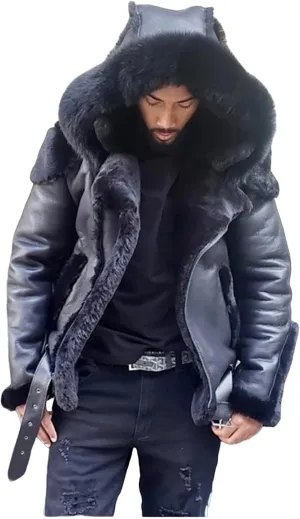 Men's Hooded Windbreak Jackets Sherpa Lined Jacket PU Faux Leather Zip-Up Motorcycle Bomber Jacket Warm Thick Coats