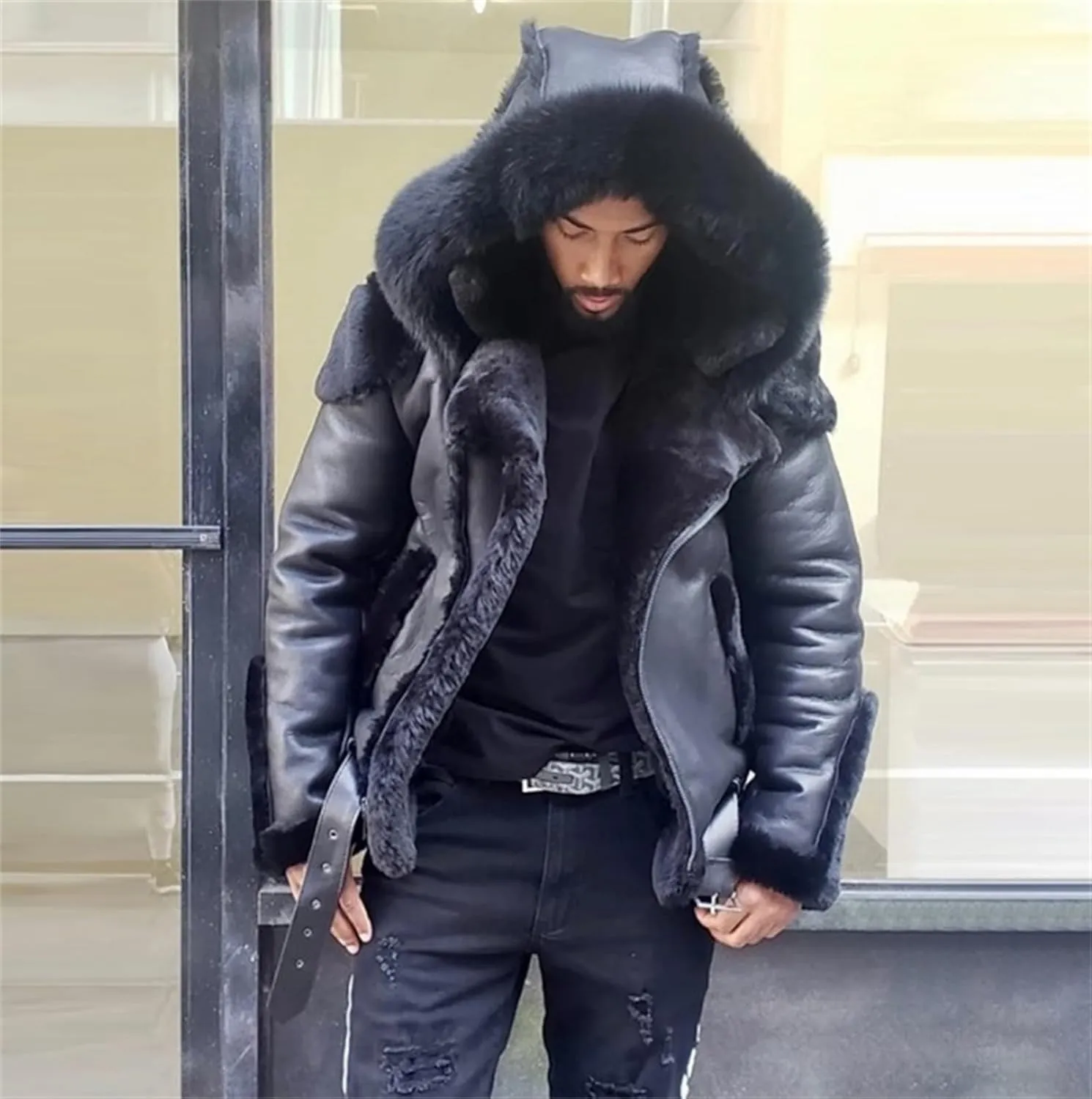 Men's Hooded Windbreak Jackets Sherpa Lined Jacket PU Faux Leather Zip-Up Motorcycle Bomber Jacket Warm Thick Coats