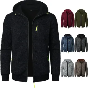Mens Knitted Outerwear Sports Fitness Casual Jacket Hooded Full Zip Up Windproof Coat with Pockets for Outdoor