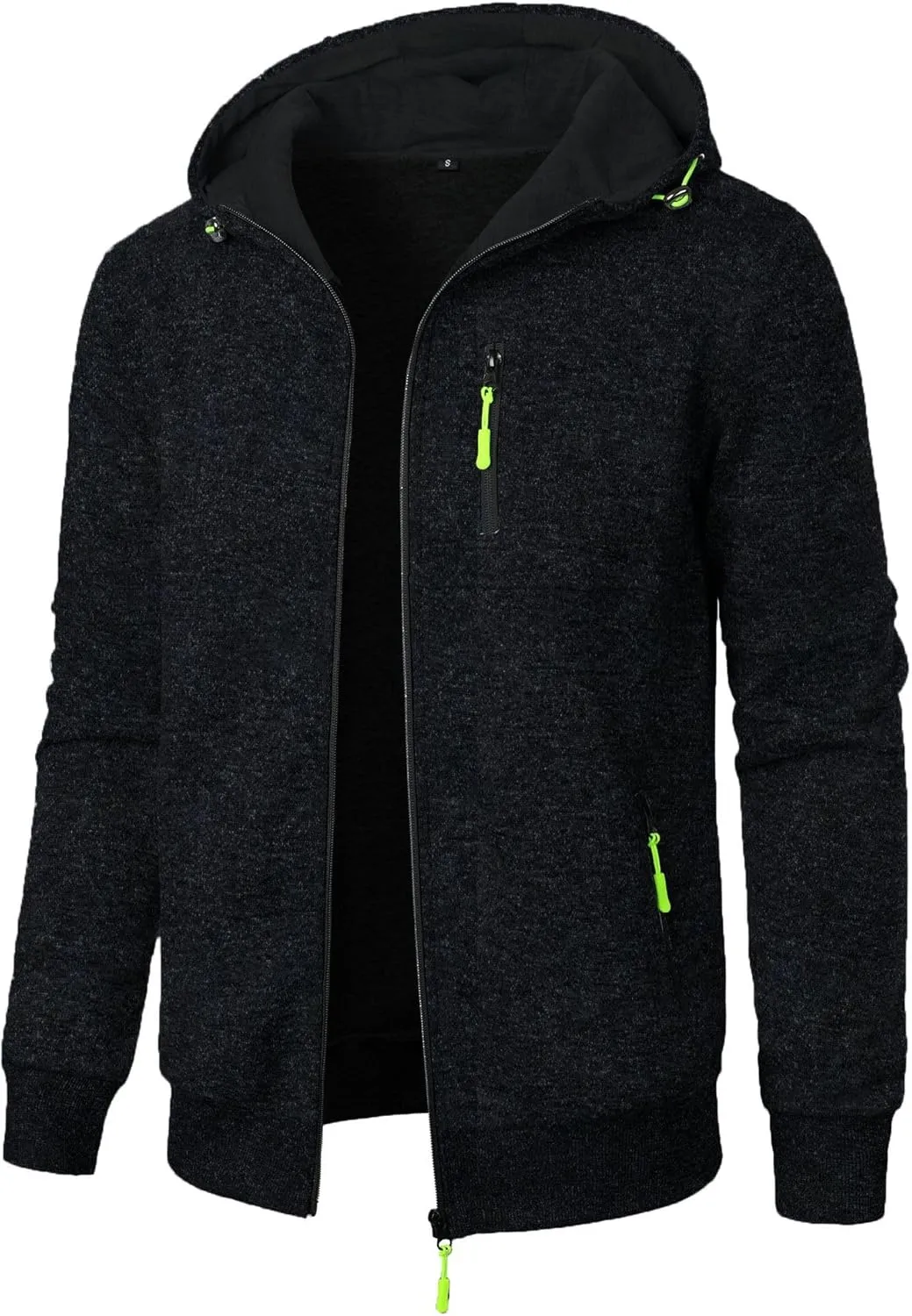 Mens Knitted Outerwear Sports Fitness Casual Jacket Hooded Full Zip Up Windproof Coat with Pockets for Outdoor