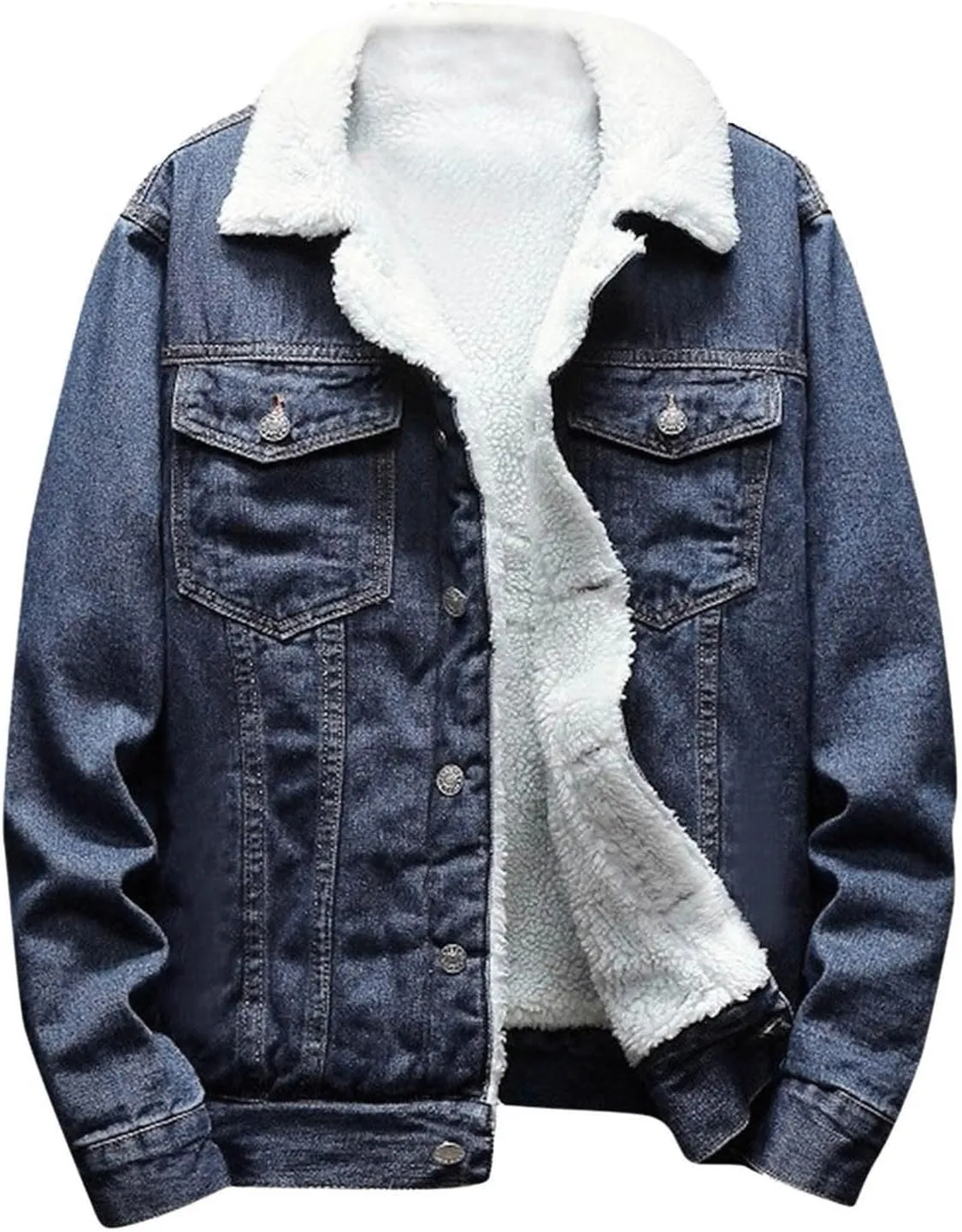 Men's Lapel Sherpa Lined Jean Jacket Winter Thick Warm Denim Trucker Jackets Fleece Jean Coat Outerwear with Pocket