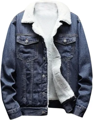 Men's Lapel Sherpa Lined Jean Jacket Winter Thick Warm Denim Trucker Jackets Fleece Jean Coat Outerwear with Pocket