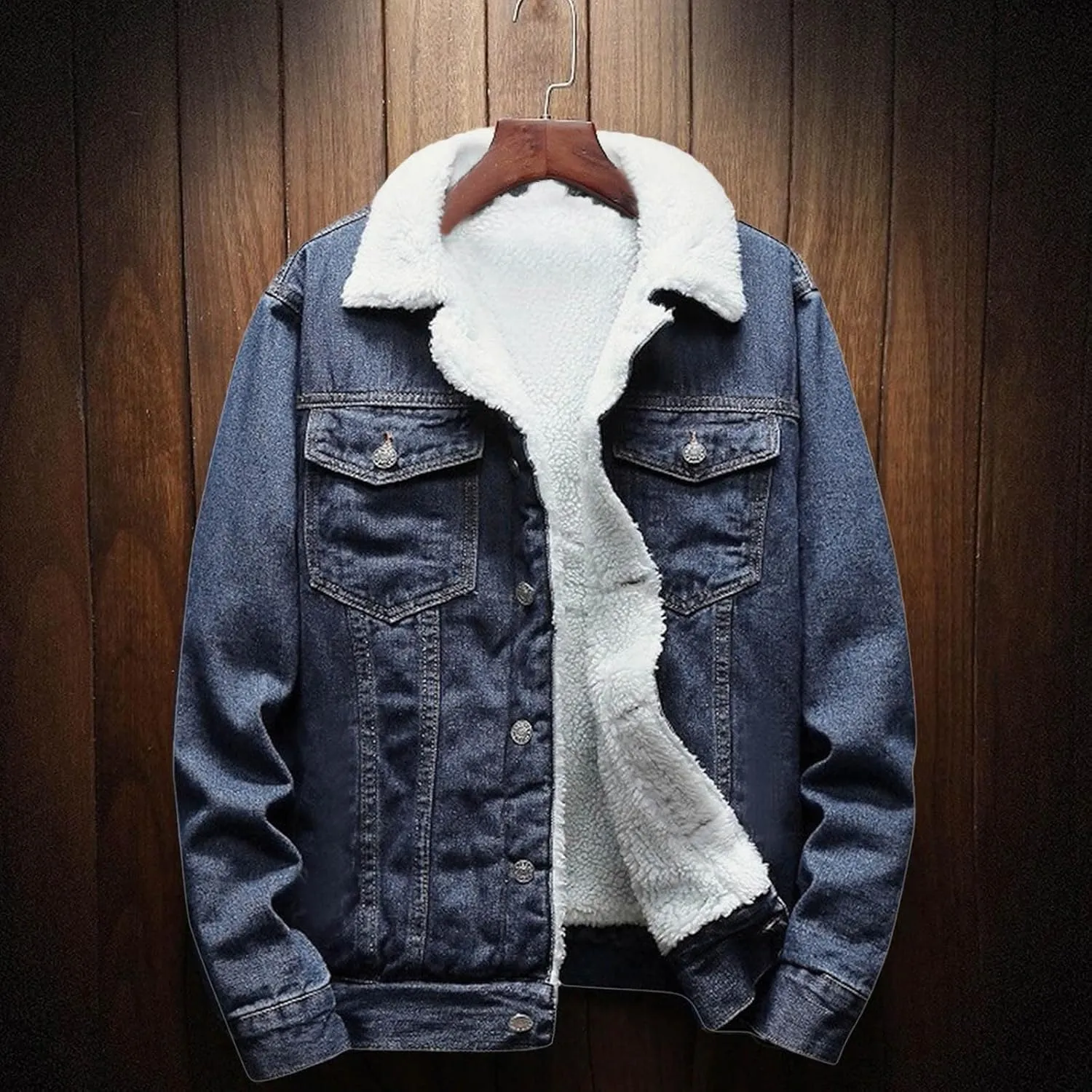 Men's Lapel Sherpa Lined Jean Jacket Winter Thick Warm Denim Trucker Jackets Fleece Jean Coat Outerwear with Pocket