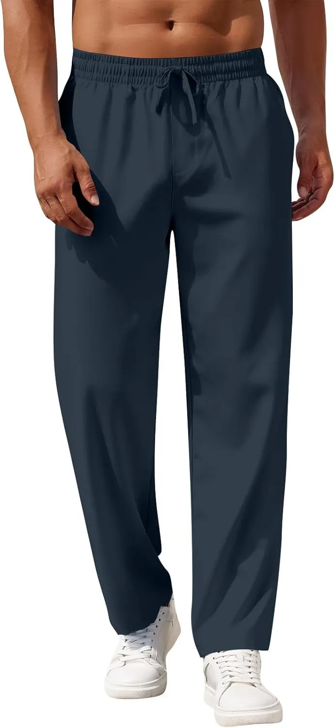 Mens Pants Casual Summer Lightweight Elastic Waist Linen Pants Baggy Business Work Pants with Pockets Trousers Pants