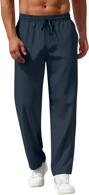 Mens Pants Casual Summer Lightweight Elastic Waist Linen Pants Baggy Business Work Pants with Pockets Trousers Pants