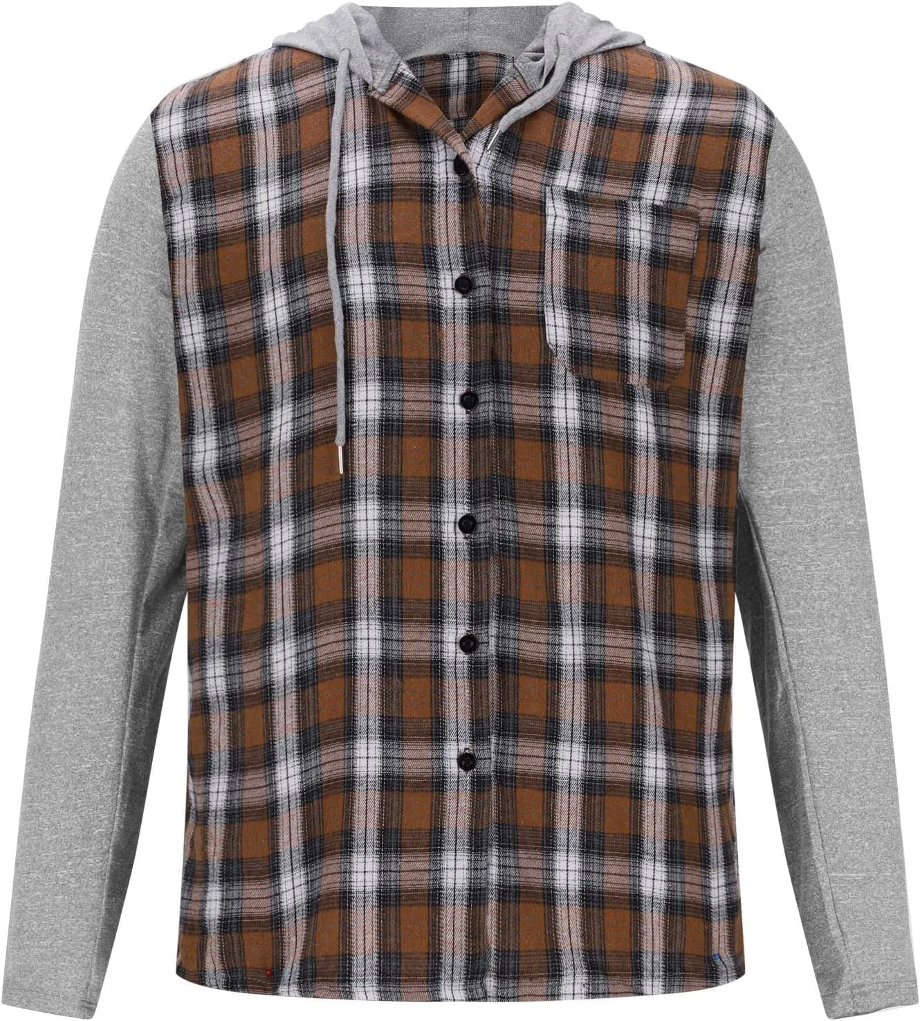 Mens Patchwork Plaid Shirt Jacket Long Sleeve Button Down Checked Hoodies Casual Flannel Shirts Outerwear Tops