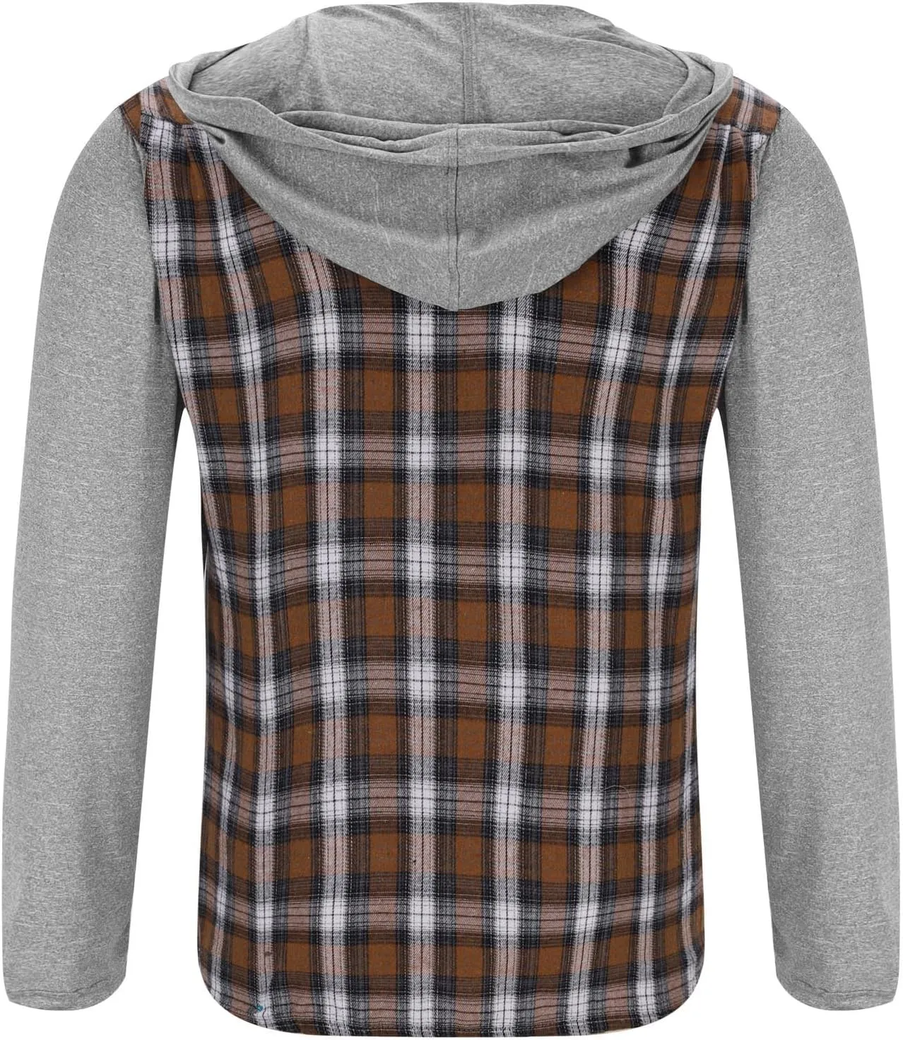 Mens Patchwork Plaid Shirt Jacket Long Sleeve Button Down Checked Hoodies Casual Flannel Shirts Outerwear Tops