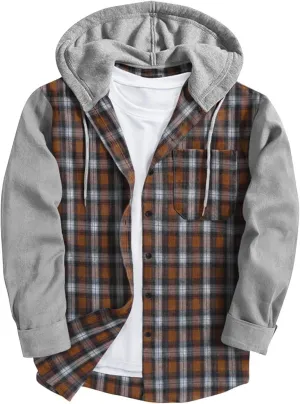 Mens Patchwork Plaid Shirt Jacket Long Sleeve Button Down Checked Hoodies Casual Flannel Shirts Outerwear Tops