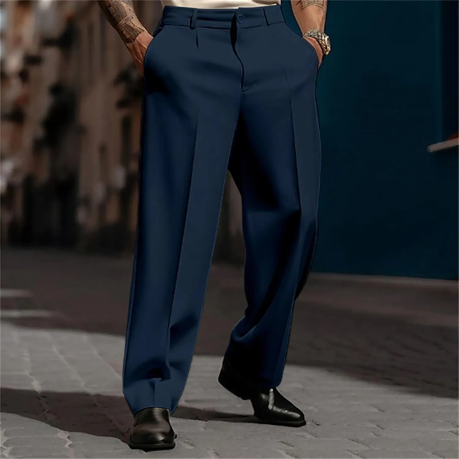 Mens Pleated Front Casual Work Pants Wrinkle-Free Regular Fit Work Dress Pants Big and Tall Stretch Chinos Trousers