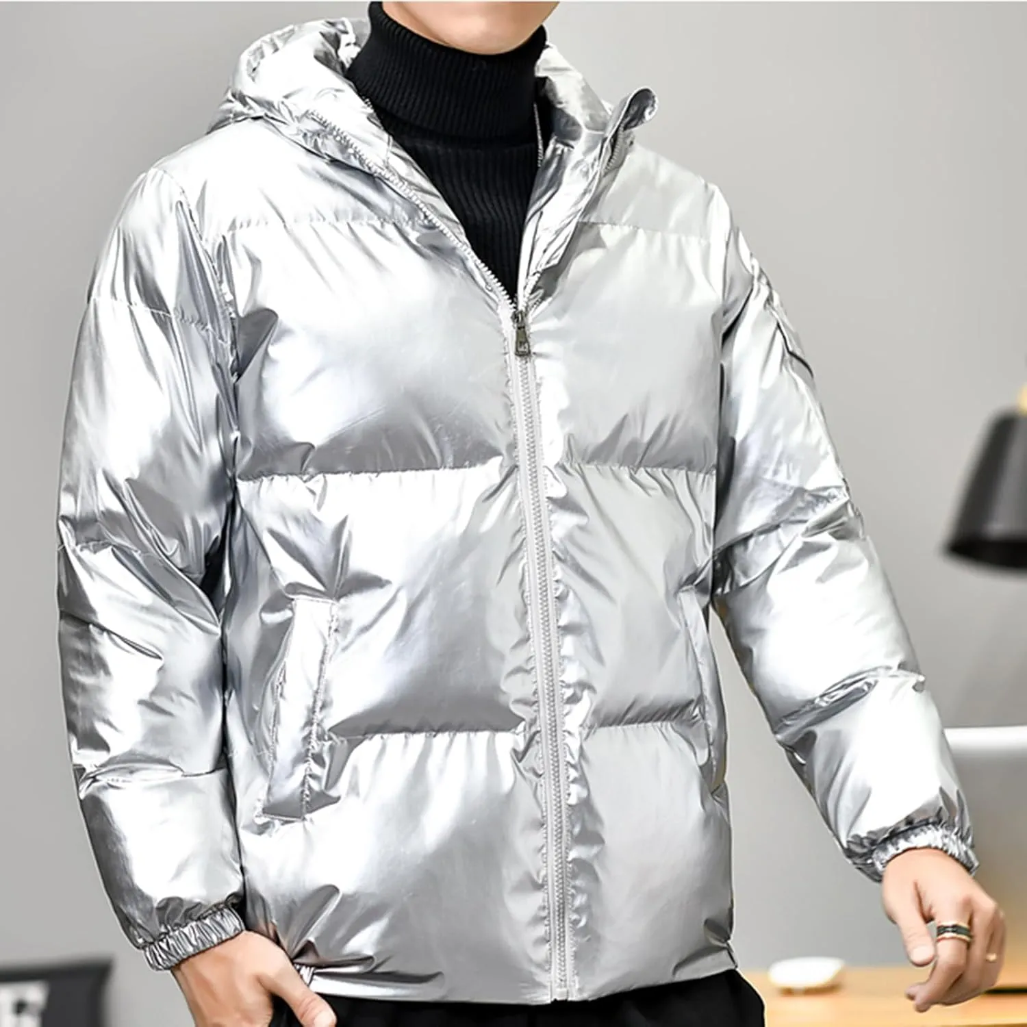 Men's Shiny Winter Jacket Heavyweight Puffer Jackets Casual Coat for Men Full Zip Windproof Stand Collar Down Jacket