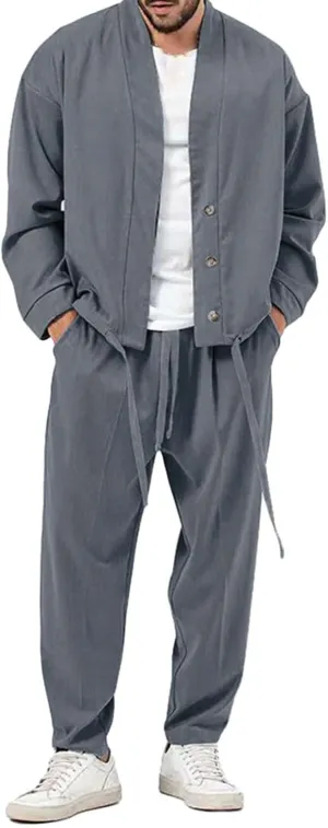 Mens Two Piece Outfits Sets Fall Buttoned Drawstring Open Front Cardigan and Casual Long Pants Loose Fit Jackets