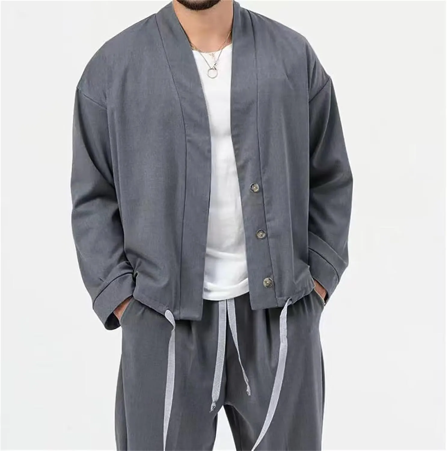 Mens Two Piece Outfits Sets Fall Buttoned Drawstring Open Front Cardigan and Casual Long Pants Loose Fit Jackets