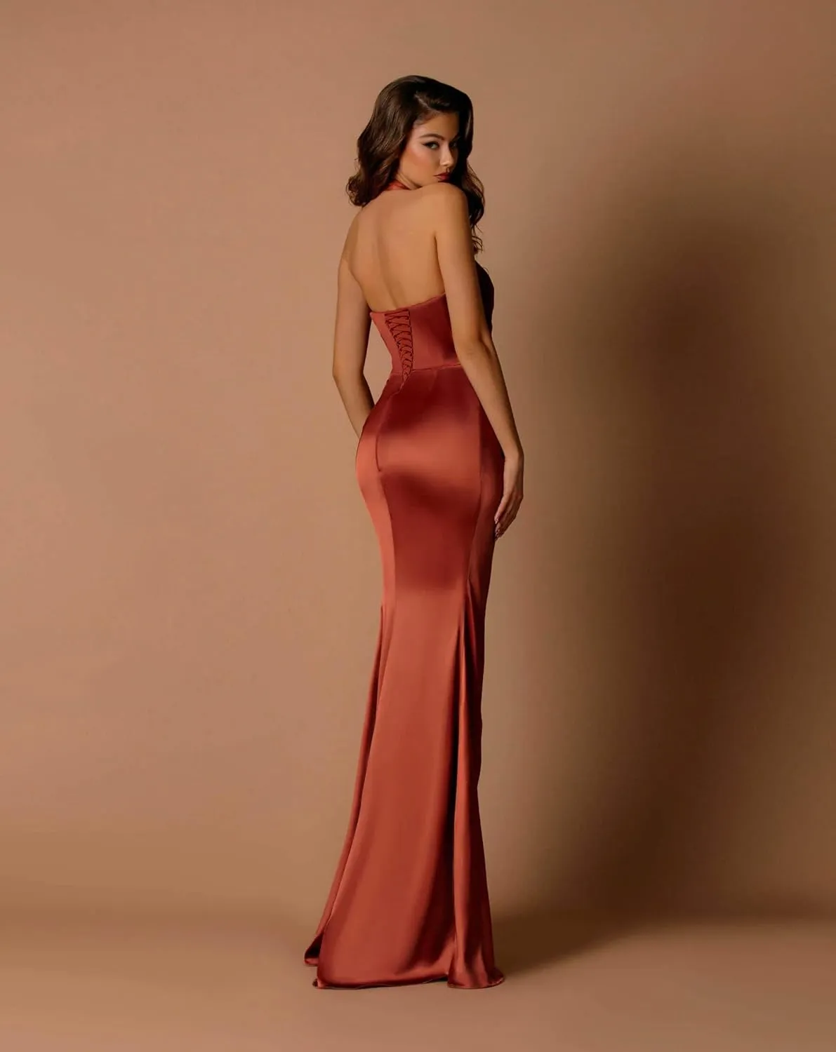 Mermaid Halter Bridesmaid Dresses for Women Long Satin Prom Dress with Slit Pleated Evening Formal Gowns
